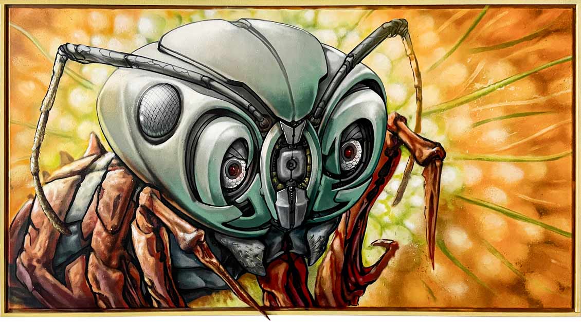 Godling | Project Insect Allies – Genetically modified words series – Version I | Acrylfarbe, Impasto Acryl Gel, Epoxidharz und Metallknete auf gerahmter Leinwand | 154 x 84 x 3 cm | 2021